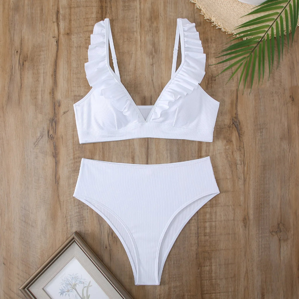Retro striped split small chest bikini swimwear for women in blue stripes