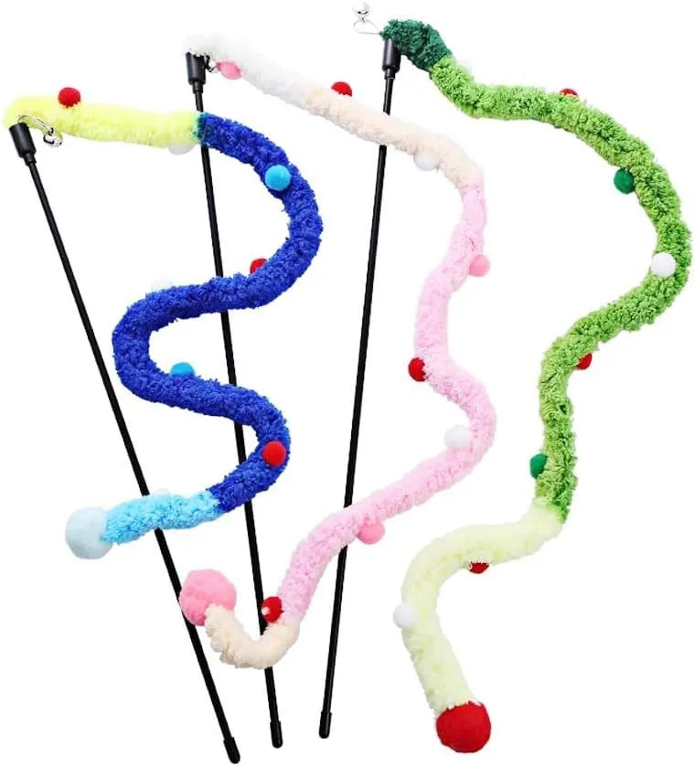 Blue cat wand toy with plush strip and bell measuring 41cm pole with 60cm extension
