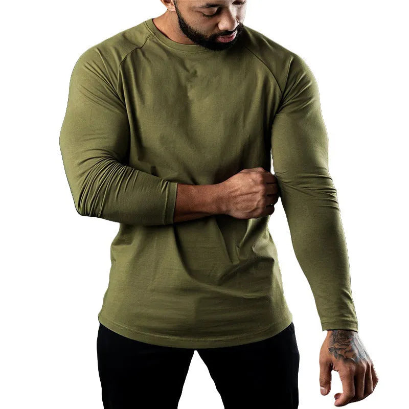 Men's long sleeve cotton sports t-shirt in army green colour, shown with a round neck and tight fit.