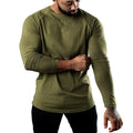 Men's long sleeve cotton sports t-shirt in army green colour, shown with a round neck and tight fit.