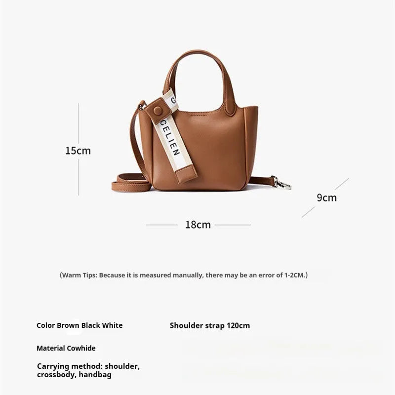 Genuine cattlehide leather retro cross body bucket bag in square vertical shape shown in brown colour.