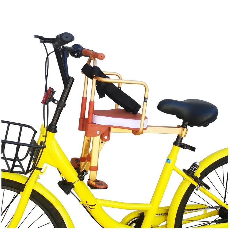 Aluminum alloy front folding child bicycle seat in yellow with armrest on a bike