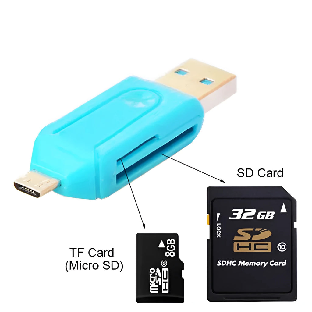White micro USB OTG card reader for SD and TF memory cards next to an Android phone.