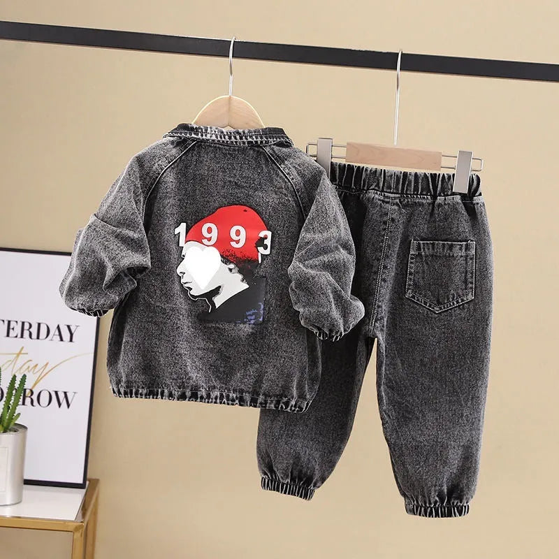 Boys' black and blue denim two-piece suit set with long sleeves in Korean style