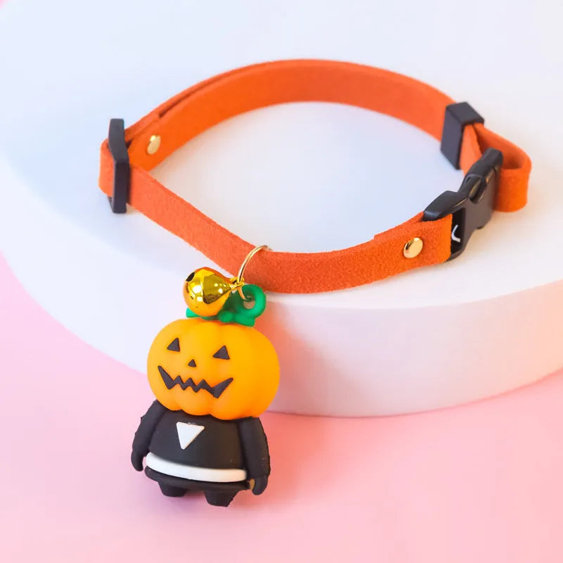 Halloween dog collar with luminous Pumpkin Man design, adjustable polyester strap.