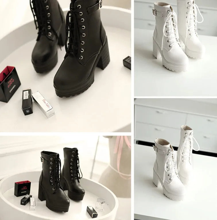 Women's chunky heel PU martin boots square toe in black, brown, and white sizes 34-43