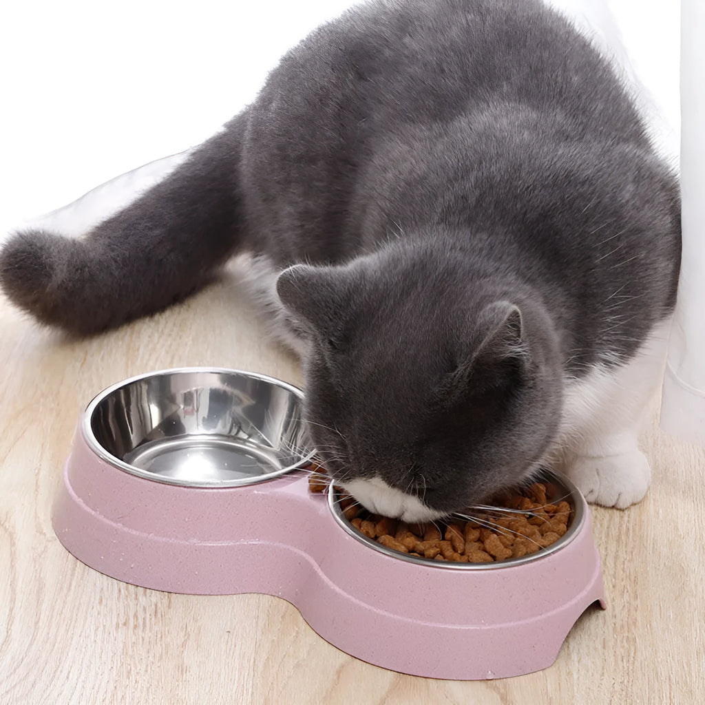 Stainless steel rice bowl for pets with blue straw plastic non-slip base, 24.5 cm size