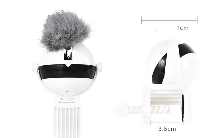 White electronic motion cat toy with ABS body, rope and fur ball accessory, 7cm ball diameter