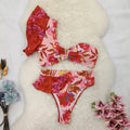 Pink and red floral print one-shoulder ruffled bikini with high-waist briefs.