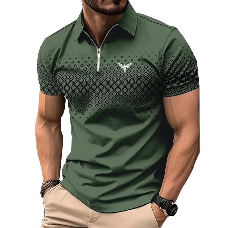 Men's striped rabbit fur sports short sleeve top with zipper decorations, loose fit, summer casual wear