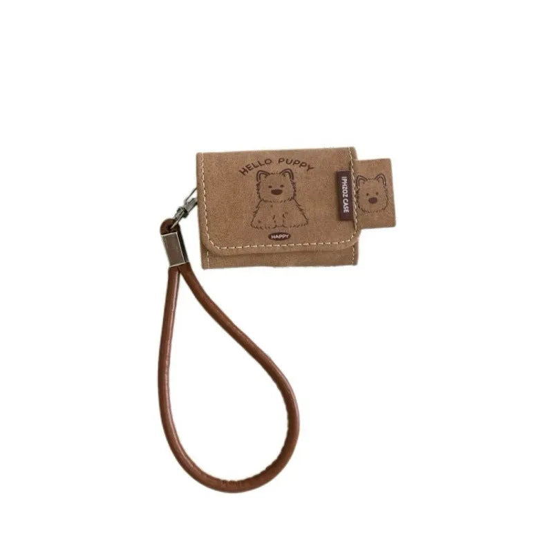 Brown leather-pattern AirPods protective cover with West Highland dog cartoon design and frosted finish