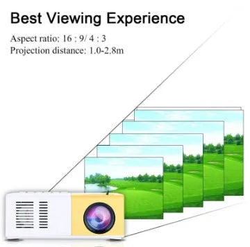 Mini LED projector YG300 in white and yellow, with lens and ventilation grilles, on a table