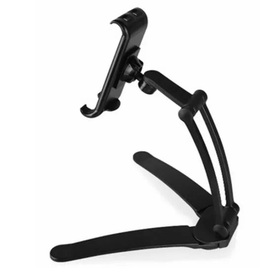 Silver aluminium desktop tablet stand holding a tablet, showing 360-degree rotation and dual adjustable clip design.