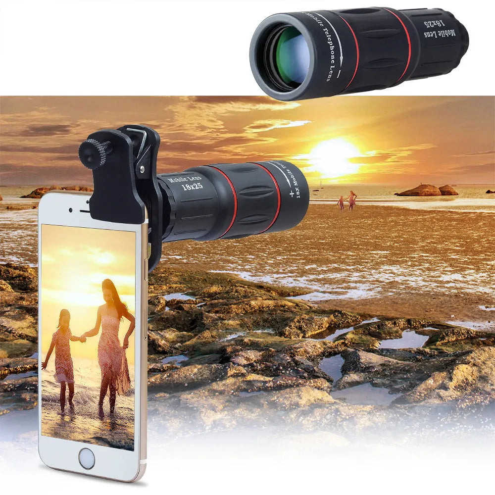 18x zoom mobile telephoto lens with universal phone clip and flexible aluminium tripod