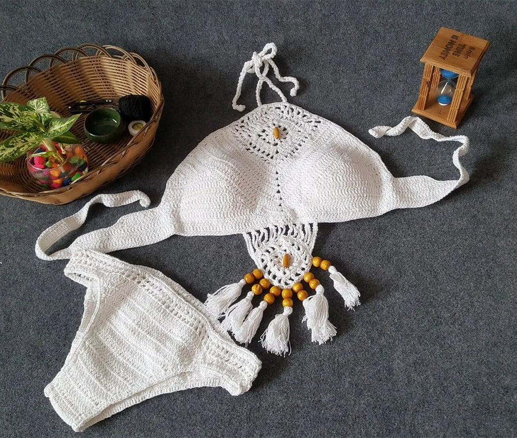Women's crochet tassel bikini set in black, khaki, or white, sizes S M L, two-piece swimsuit for beach and pool