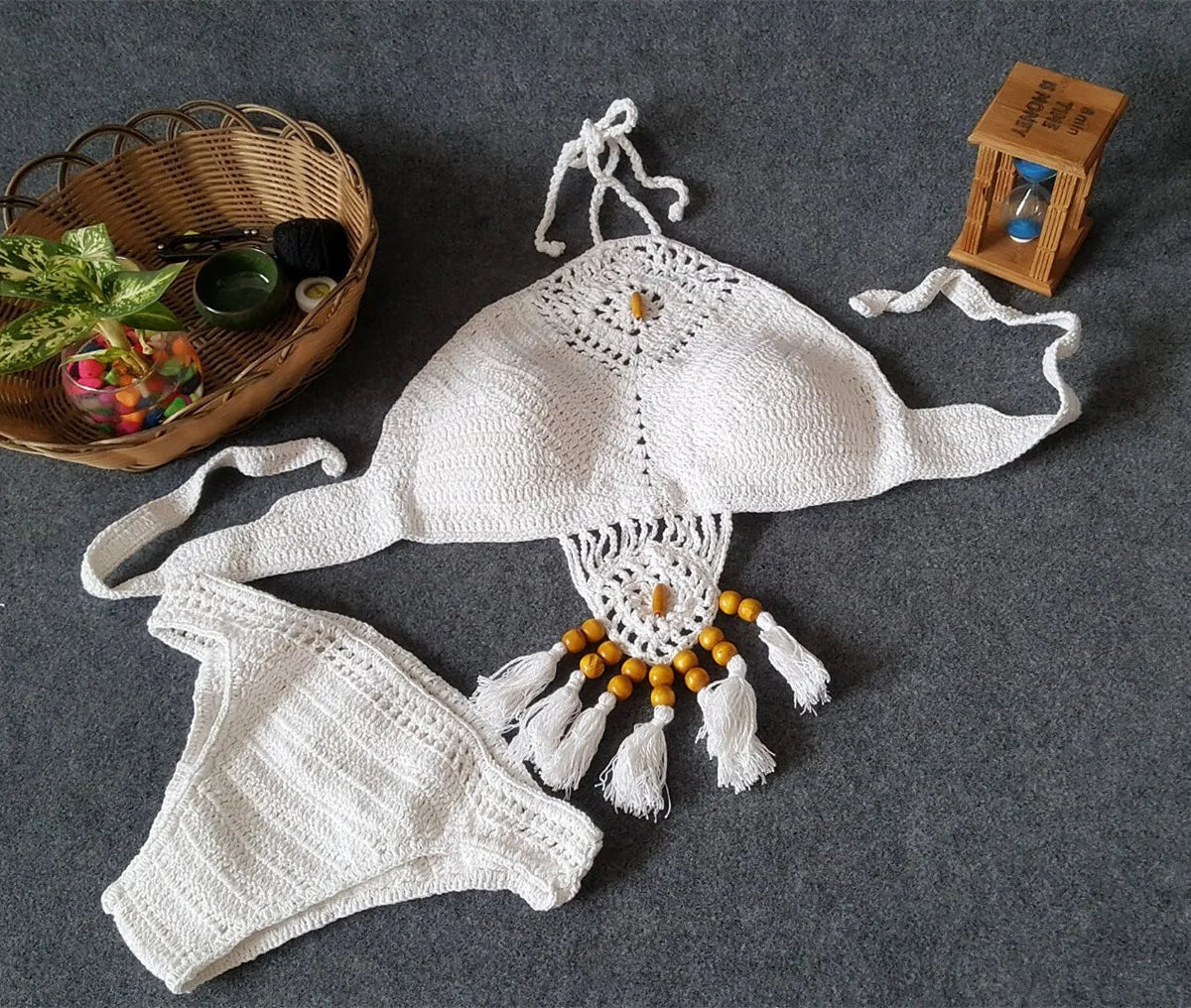 Women's crochet tassel bikini set in black, khaki, or white, sizes S M L, two-piece swimsuit for beach and pool