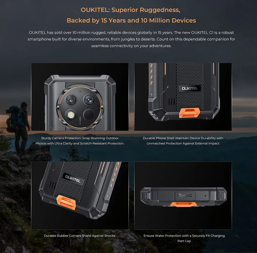 OUKITEL G1 mobile phone in green, grey, or orange colour with included charger and manual.