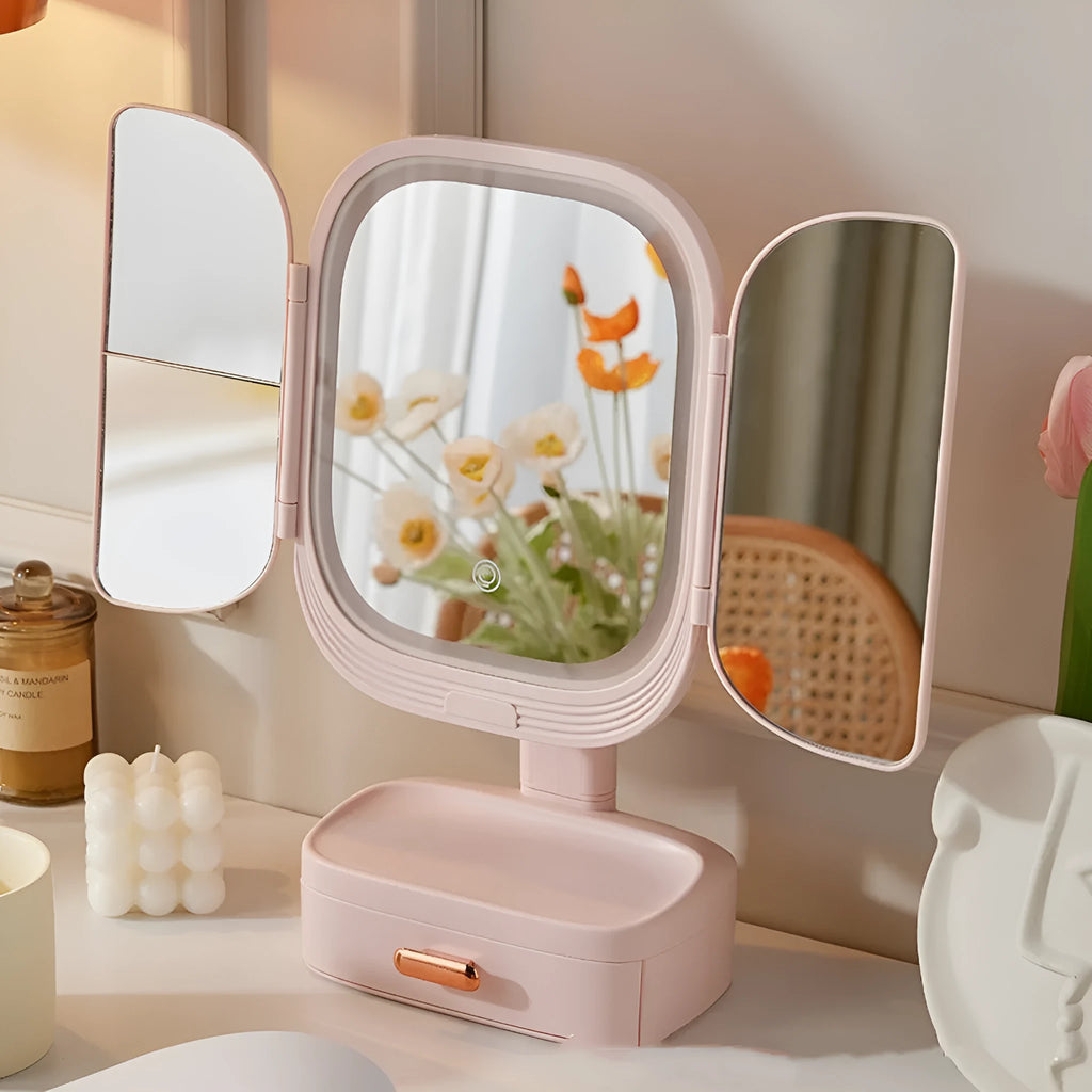 Foldable LED desktop cosmetic mirror with plastic frame, 17.5x11x36cm, in beige