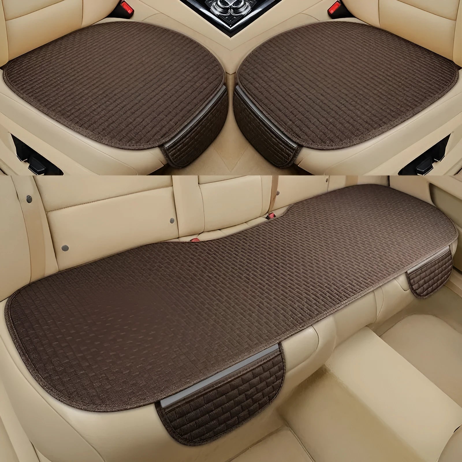 Linen plaid car cushion set showing hemmed edges in charm coffee colour arranged on car seat