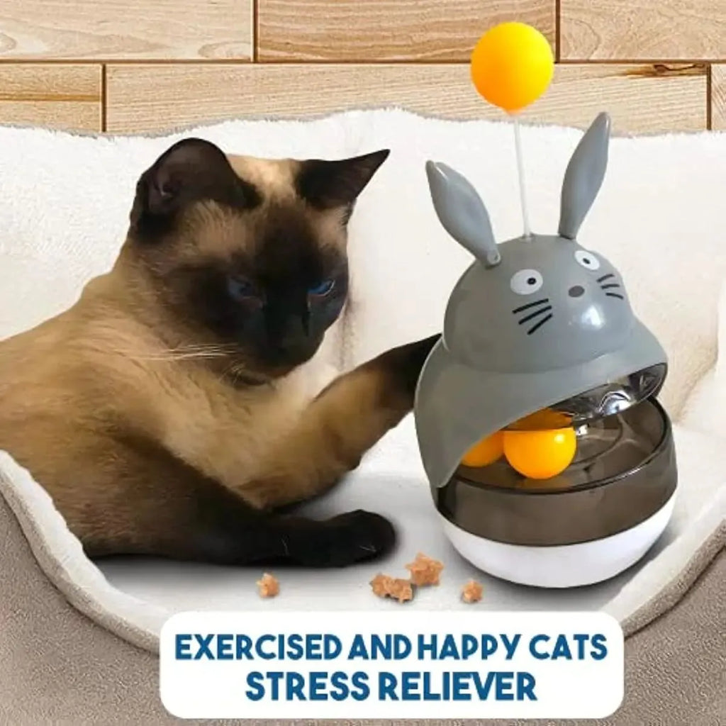 Interactive cat feeder toy in car shape with treat dispenser and sounding bell, available in brown, gray, pink, and white