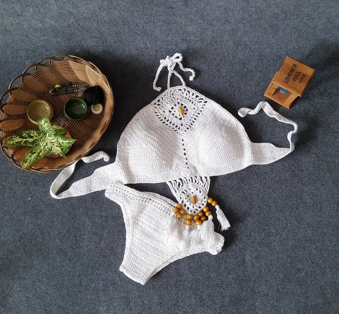 Women's crochet tassel bikini set in black, khaki, or white, sizes S M L, two-piece swimsuit for beach and pool