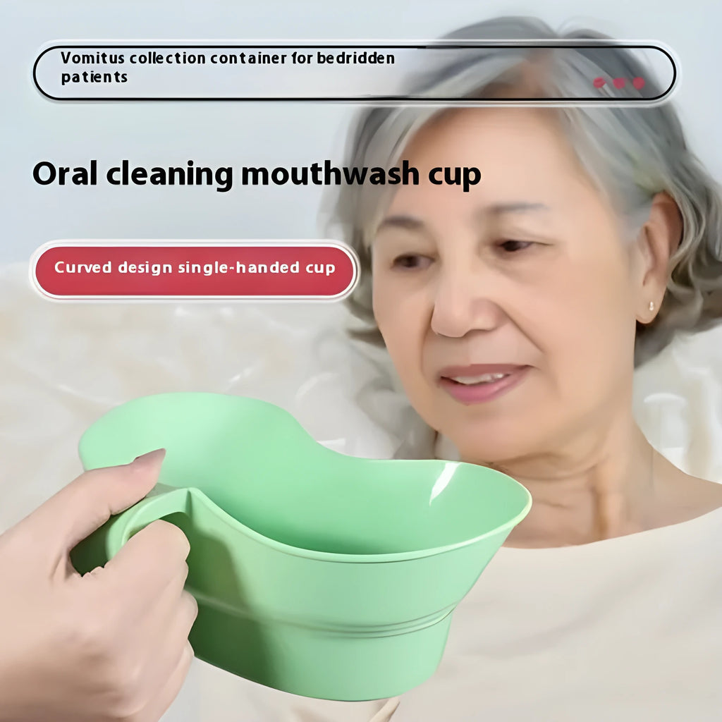 Green plastic medical gargle cup with swivel cover for bedridden patient oral care.