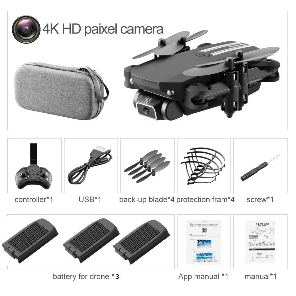LS Mini foldable drone with 4K camera in black and grey, unfolded on a flat surface