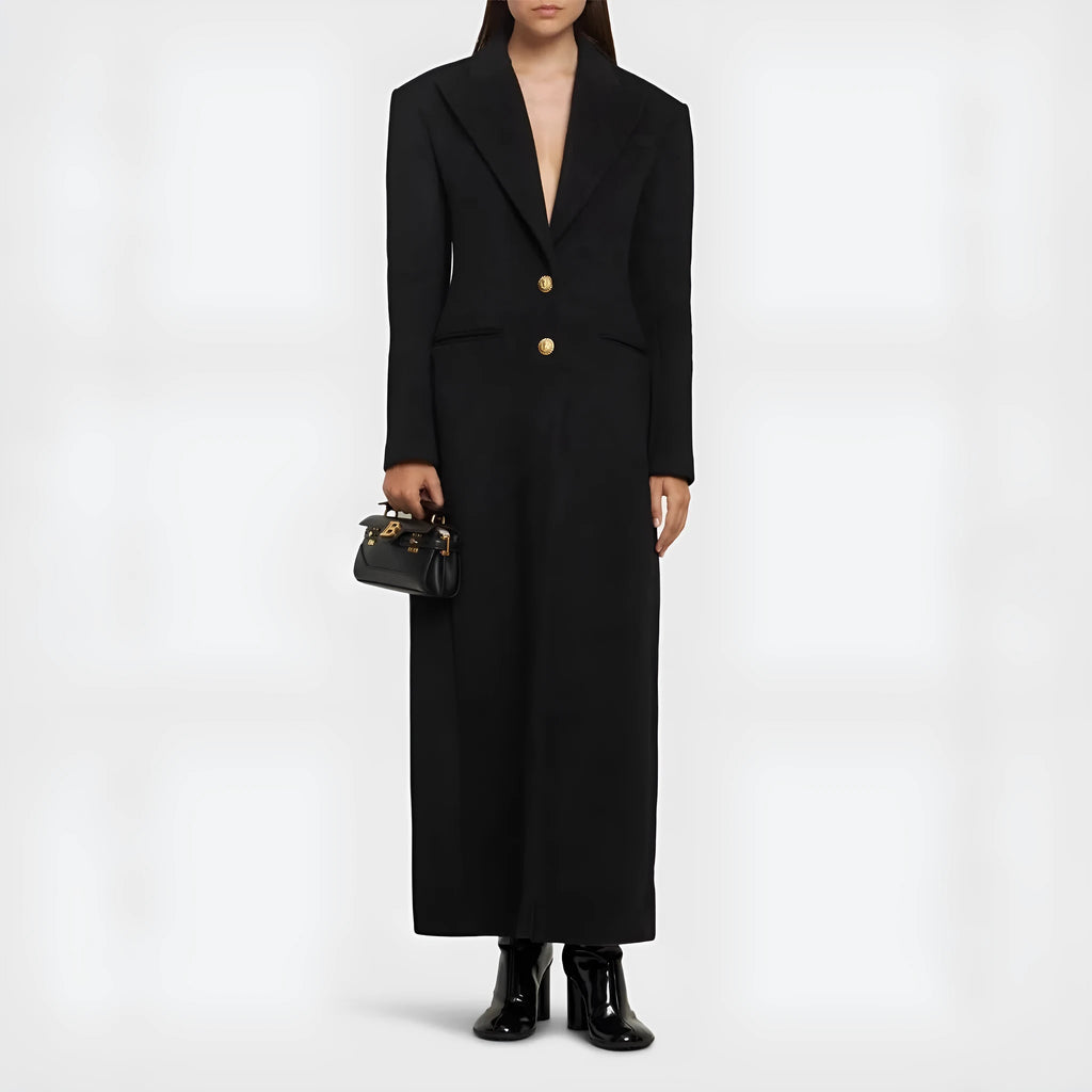Women's slim-fit extended imitation cashmere coat black two-button front size S to XXL office outerwear