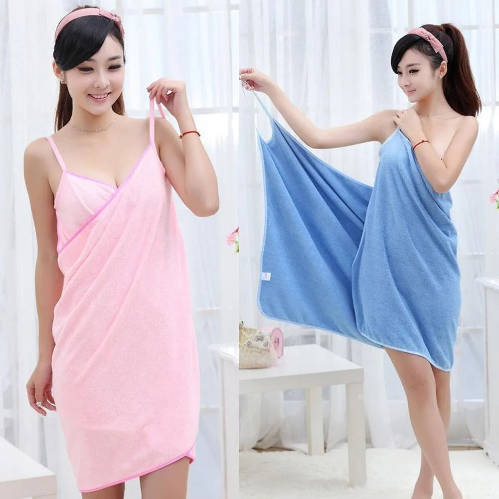 Pink and blue beach towels shown in S and L sizes as a bath dress towel and cover-up