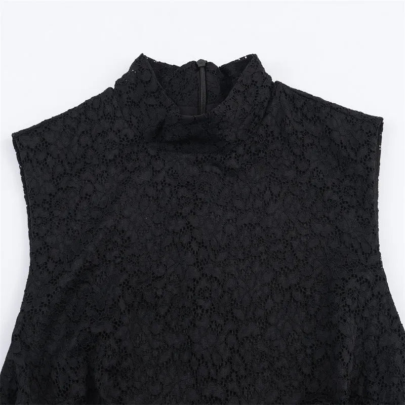 Women's simple stitching lace short dress in black with asymmetric hem and mid waist