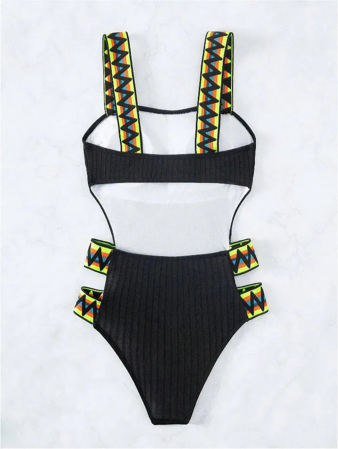 Black solid colour one-piece swimsuit for women, made from polyester fabric, laid flat.