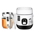 Small blue and white automatic rice cooker with steam pan on a kitchen counter.