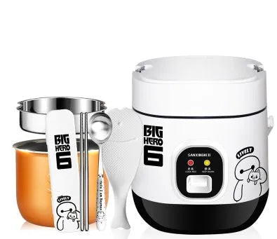 Small blue and white automatic rice cooker with steam pan on a kitchen counter.