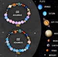 Two adjustable natural stone bead bracelets with silver clasps on a textured surface, showing zodiac signs.
