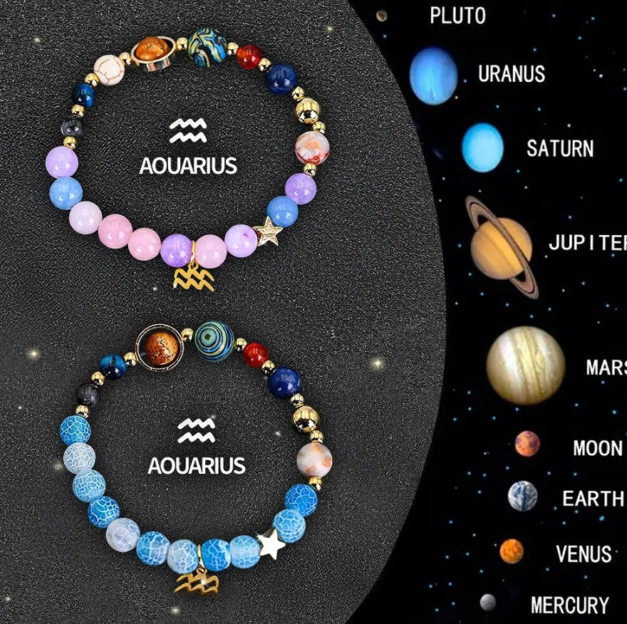 Two adjustable natural stone bead bracelets with silver clasps on a textured surface, showing zodiac signs.