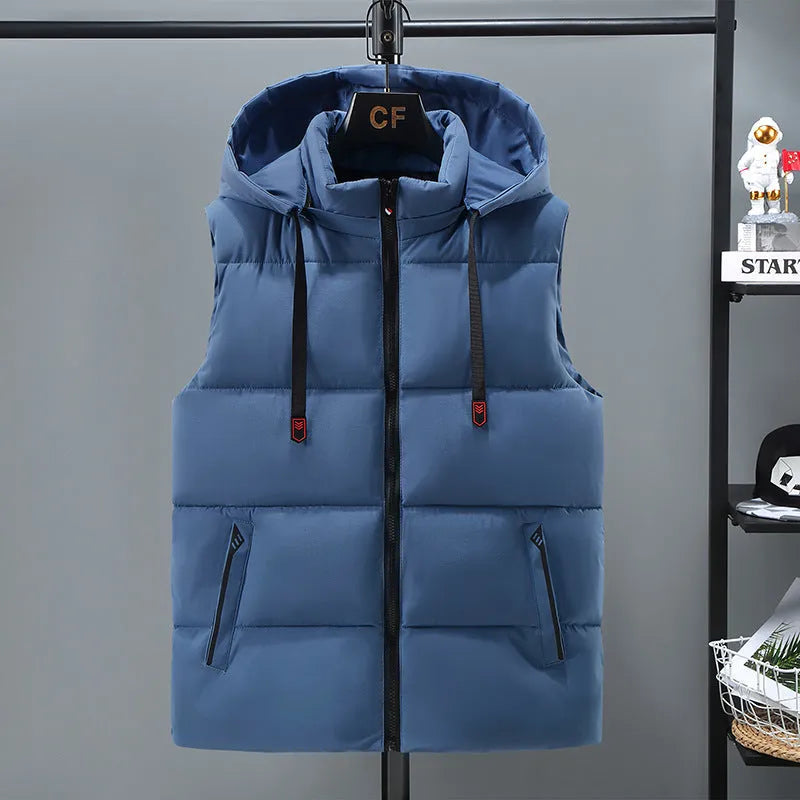 Men's solid colour thickened vest with a removable cap, shown in black and blue colour options.
