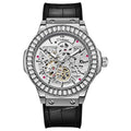 Men's automatic mechanical skeleton watch with diamond studs on a white dial.