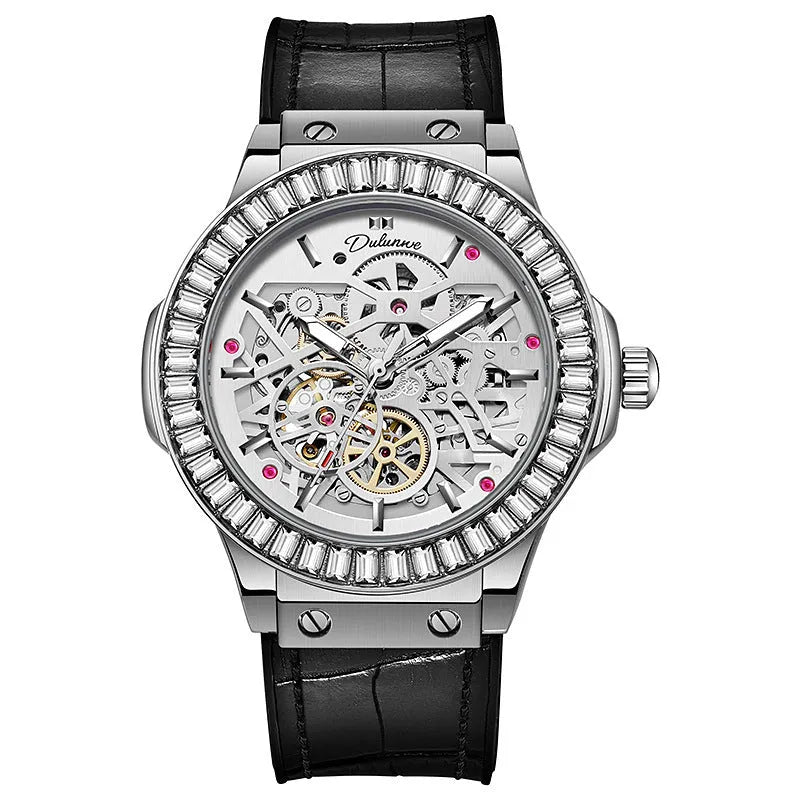 Men's automatic mechanical skeleton watch with diamond studs on a white dial.