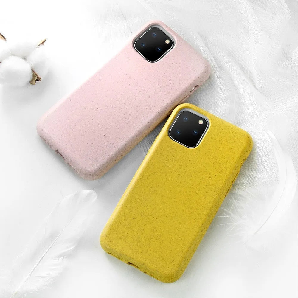 Thick frosted iPhone case with wheat straw and TPU, available in seven colours for various iPhone models.