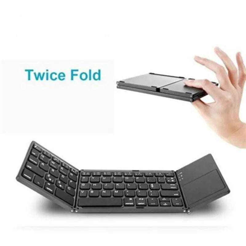 Folding Bluetooth keyboard with 64 ABS keys, black and white colour options, rechargeable battery, compact wireless design.