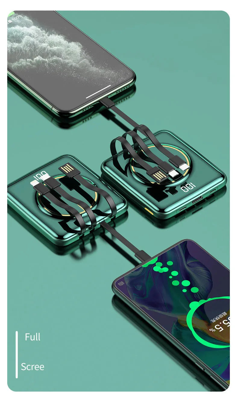 Black 20000mAh fast charging power bank with LCD display showing battery percentage.