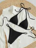 Women's lace up front tie bikini swimsuit on a hanger, showing adjustable detail and available in multiple colours.