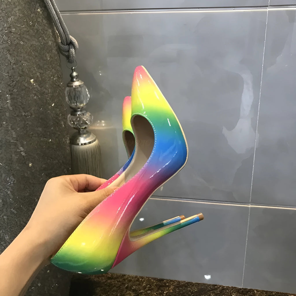 Rainbow patent leather women's stiletto heels with pointed toe and ultra-high thin heel.