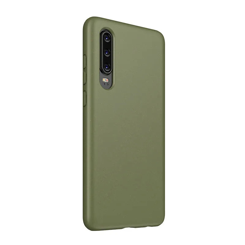 Huawei P30 TPU back cover case in Army Green colour next to a smartphone.