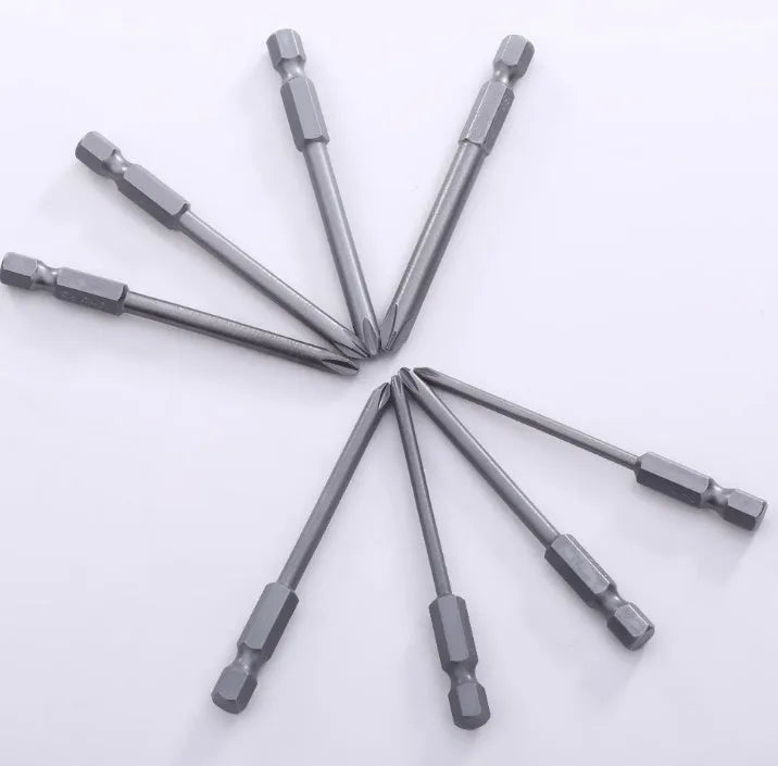 Set of eight long 75mm magnetic Phillips screwdriver bits with a 1/4-inch hex shank on a white background.