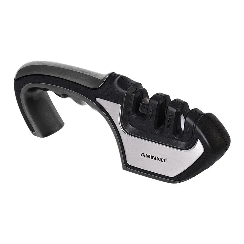 Four-in-one multifunction kitchen knife sharpener in black and cyan colour with stainless steel body.