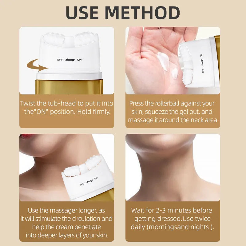 Neck moisturising cream jar with a separate neck roller applicator on a plain background.
