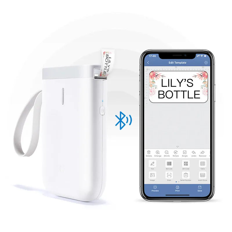 D11 Bluetooth label printer in black with thermal paper roll and smartphone showing app interface