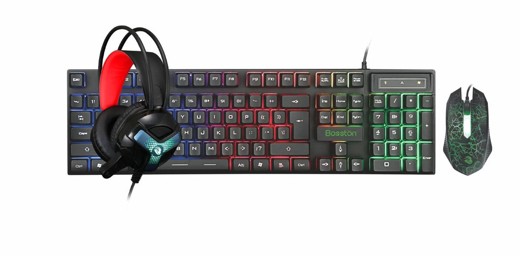 Thunder Wolf T800 gaming keyboard mouse headset combo set with mouse pad on desktop