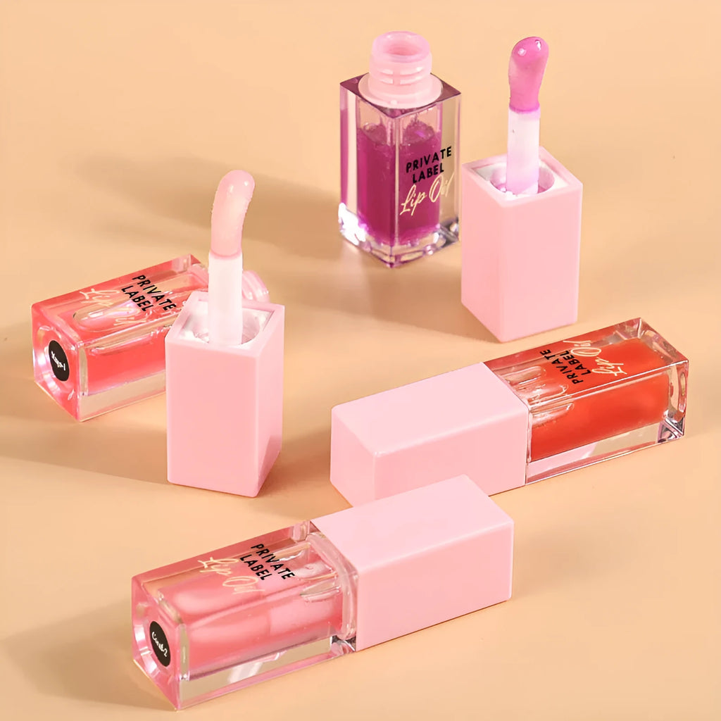 Women's natural transparent lip gloss in 6ml size showing six fruit-inspired sheer colour shades